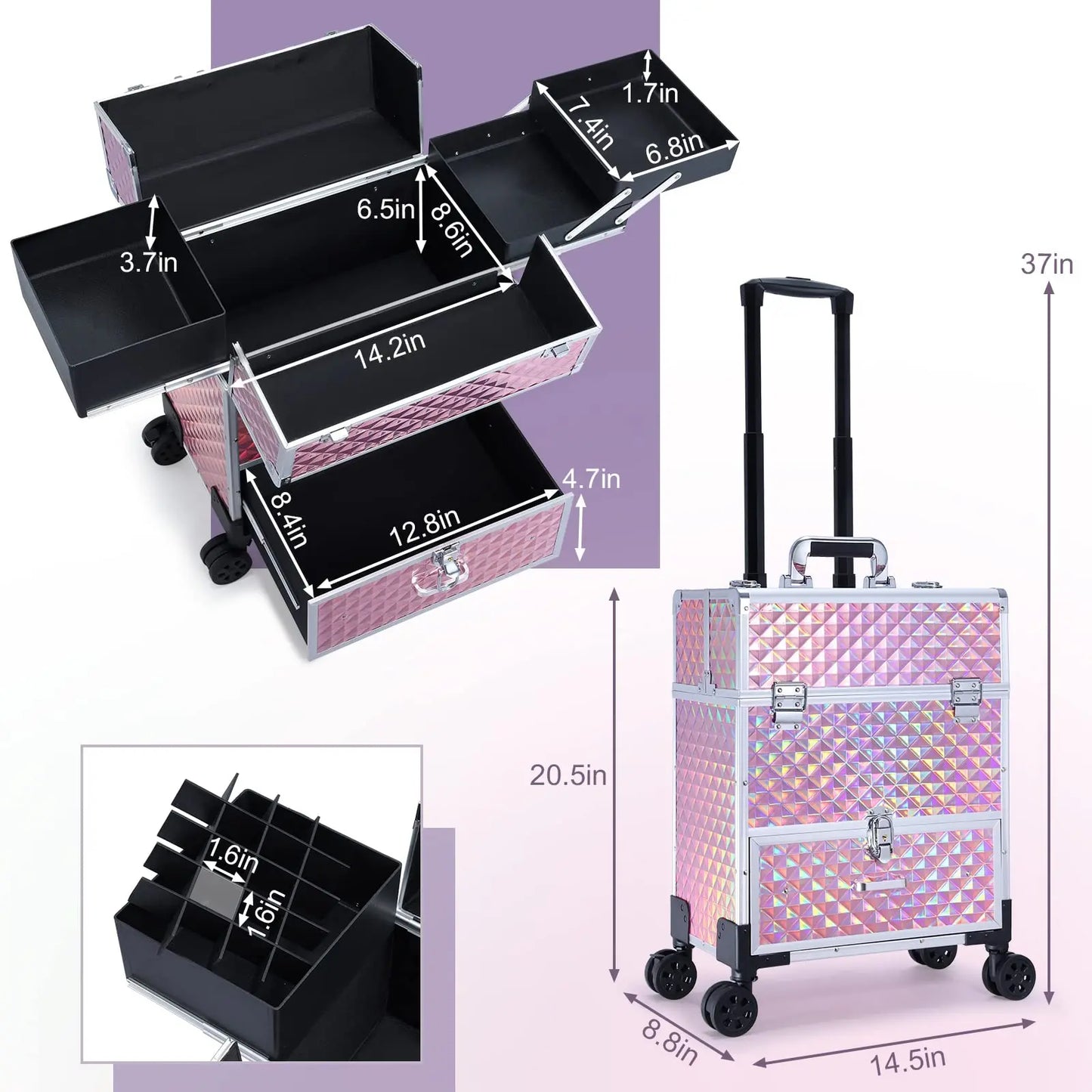 Brand New for Pink Rolling Makeup Trolley Large Capacity Portable Travel Cosmetic Case Open Closure for Beauty Case Organizer