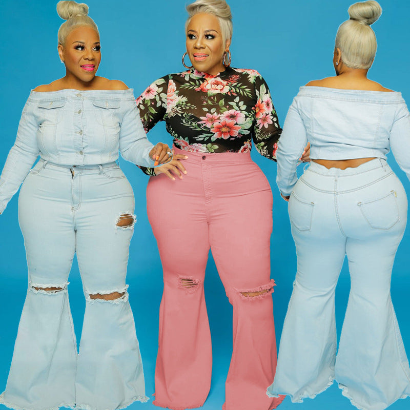 Plus Size Spot Hole Speaker Solid Color Street Trendy Women Jeans