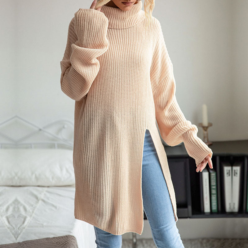Arrival Autumn Winter Women Wear Solid Color Split Long Sleeve High Collar Sweater Dress