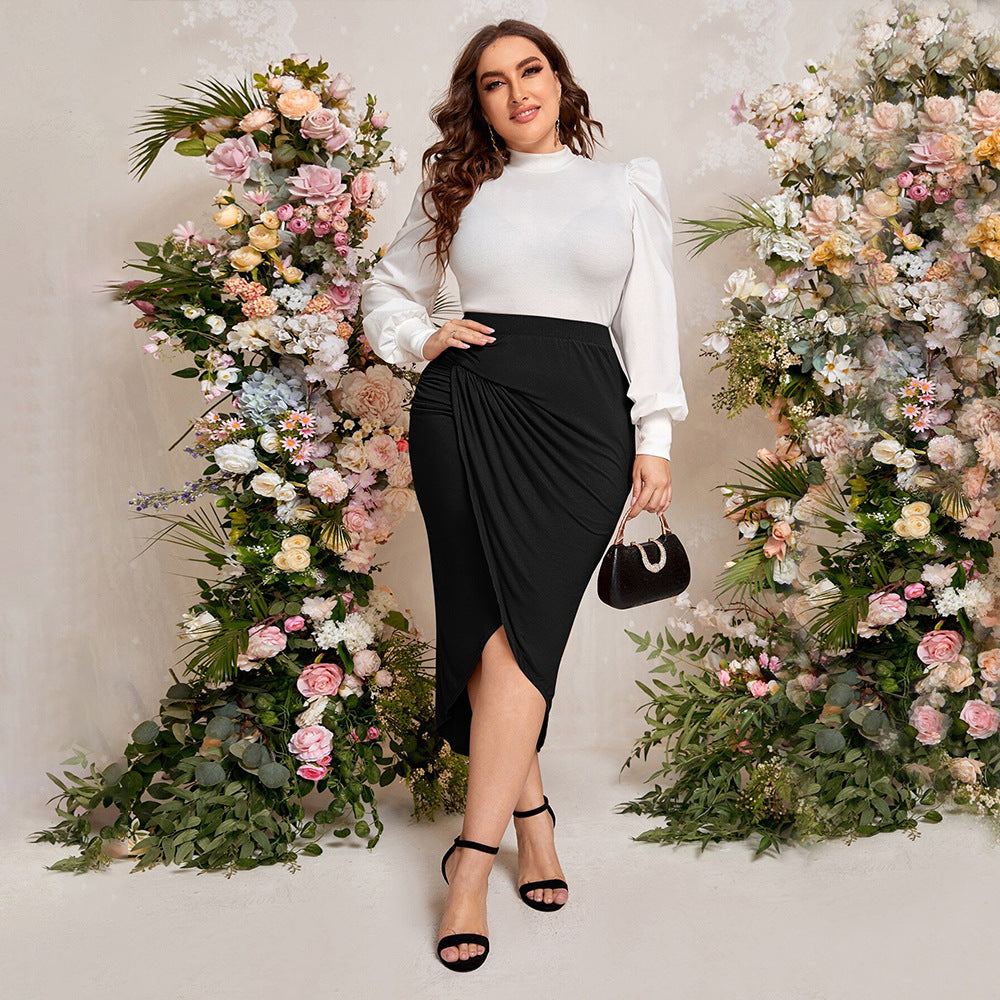 Plus Size Women Elegant Intellectual Skirt Autumn Winter High Waist Slit Hip Wrapped Mid Length