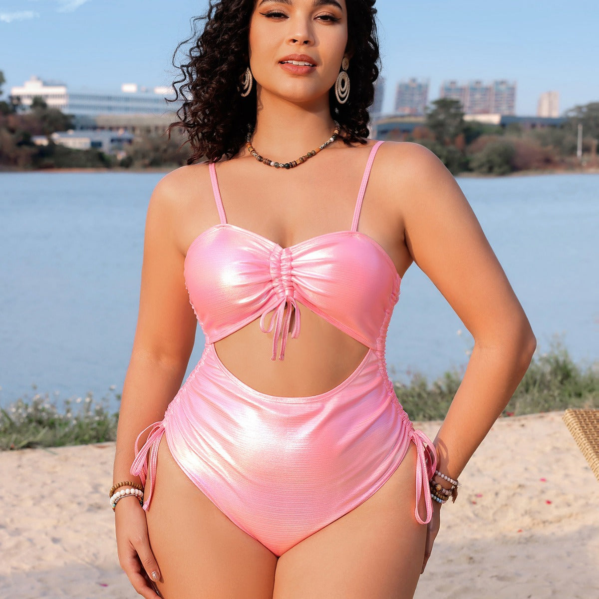 Plus Size Sexy Solid Color Drawstring One Piece at Women Swimsuit