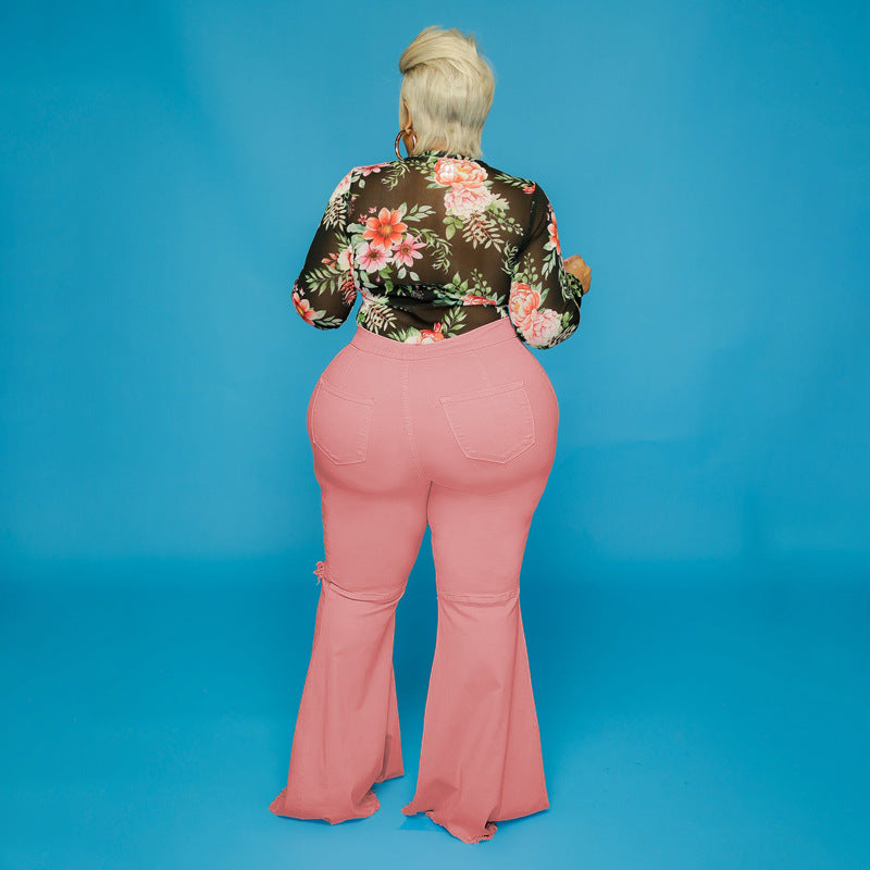 Plus Size Spot Hole Speaker Solid Color Street Trendy Women Jeans