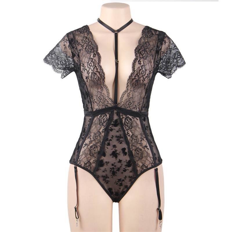 Plus Size Sexy Lingerie Sexy Lace Floral Stitching See-through Garter Jumpsuit
