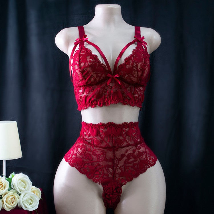 Plus Size Women Sexy Underwear Heart Shaped Lace Stitching Light Transparent Hollow Out Cutout Slim Fitting Back Shaping Two Piece Sets