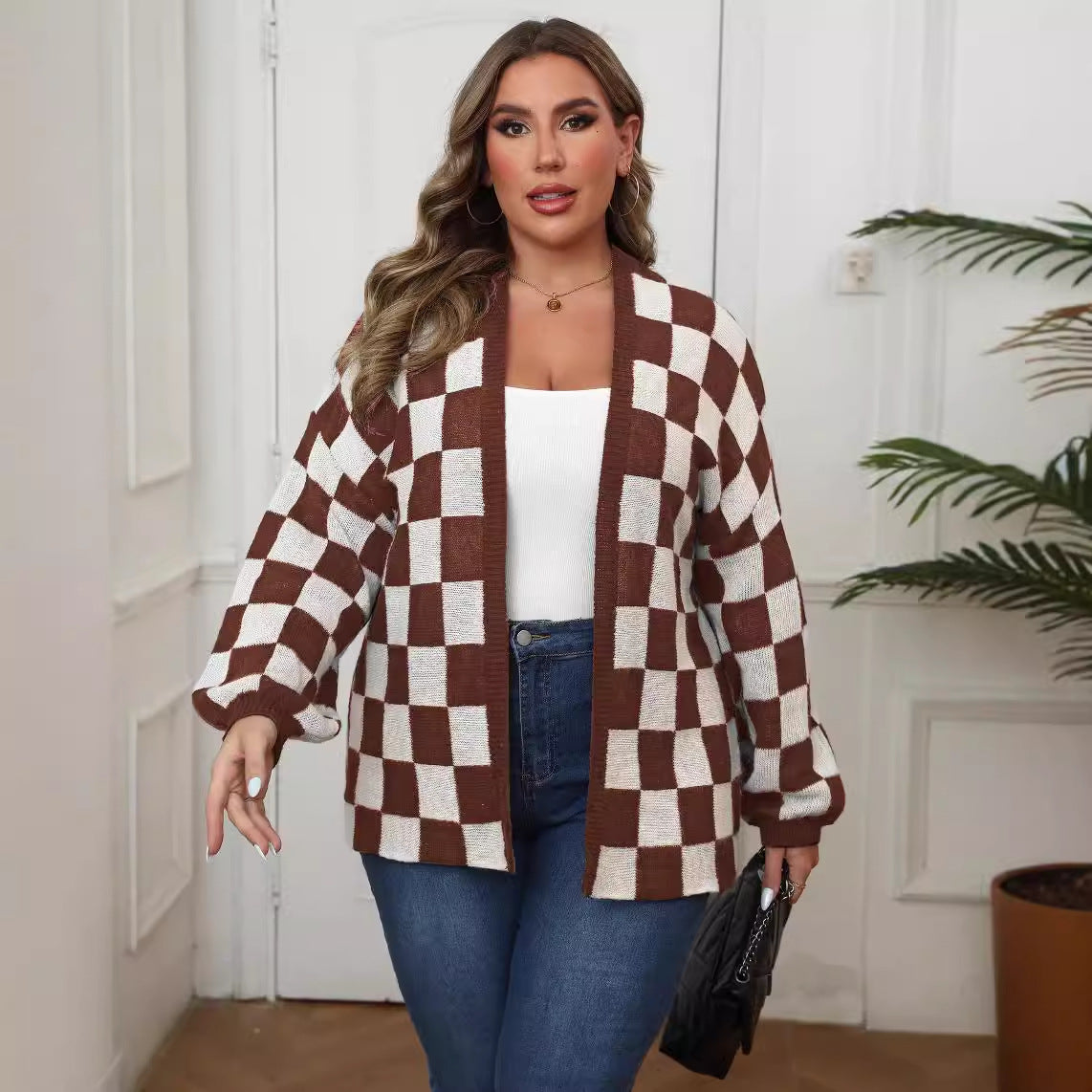 Plus Size Women Cardigan Color Contrast Patchwork Chessboard Plaid Loose Casual Sweater Coat