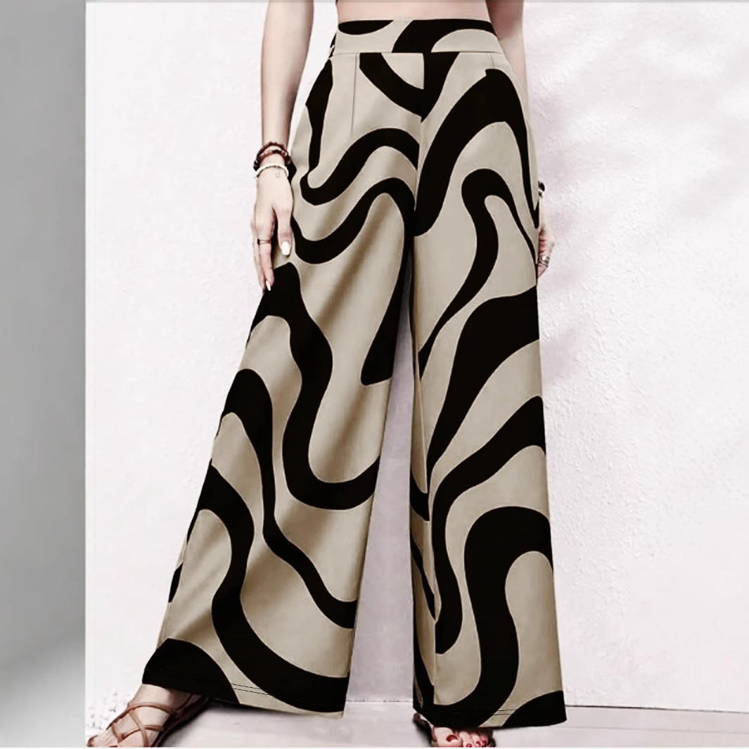 Plus Size Women Clothing Casual Striped Printed Elastic Waist Straight Pants