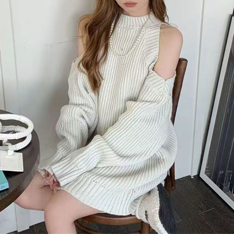 Idle High Grade Half Turtleneck Sweater Dress Women Autumn Winter Loose Mid Length off Shoulder Halter Knitwear Top