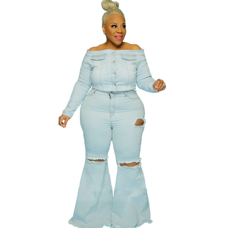 Plus Size Spot Hole Speaker Solid Color Street Trendy Women Jeans