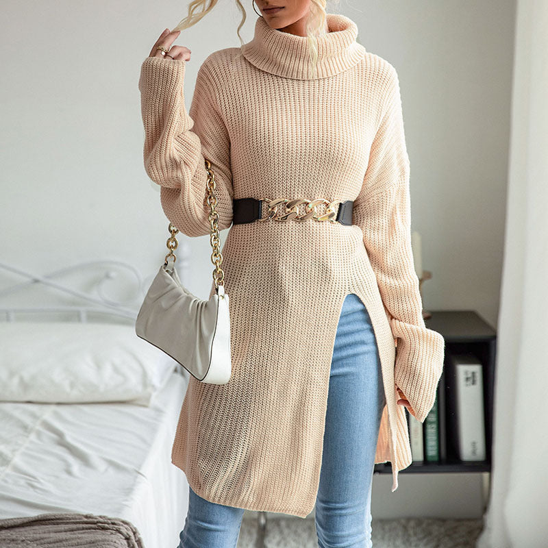 Arrival Autumn Winter Women Wear Solid Color Split Long Sleeve High Collar Sweater Dress