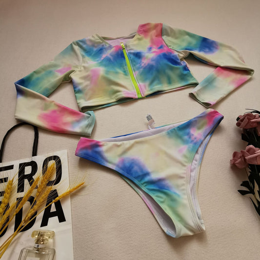 Plus Size Bikini Long Sleeve Zipper Swimsuit Colorful Sexy Swimsuit