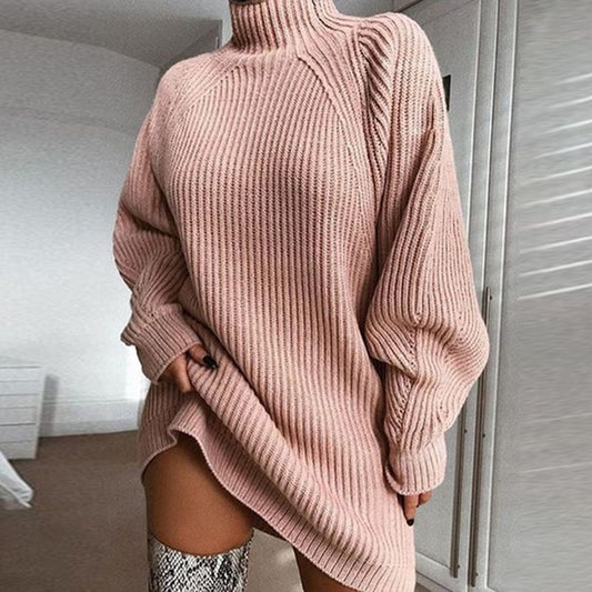 202020 Autumn Winter Popular Knitwear Mid-Length Raglan Sleeve Mock Neck Sweater Dress
