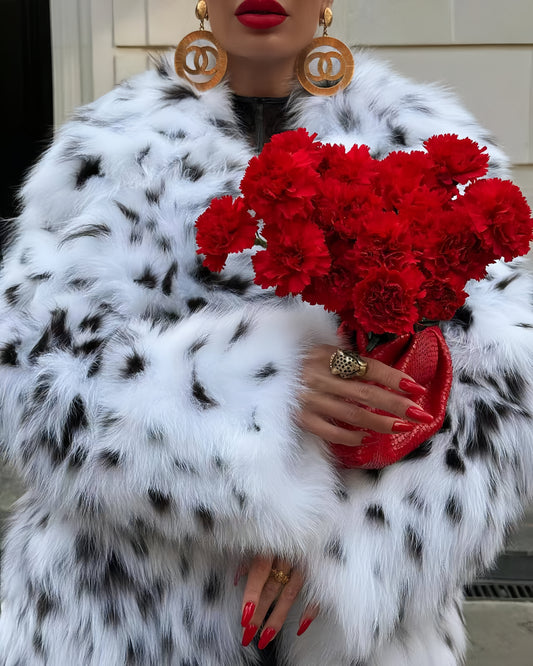 Autumn Faux Fur Fur Coat Black White Spots Leopard Print Collared Furry Coat