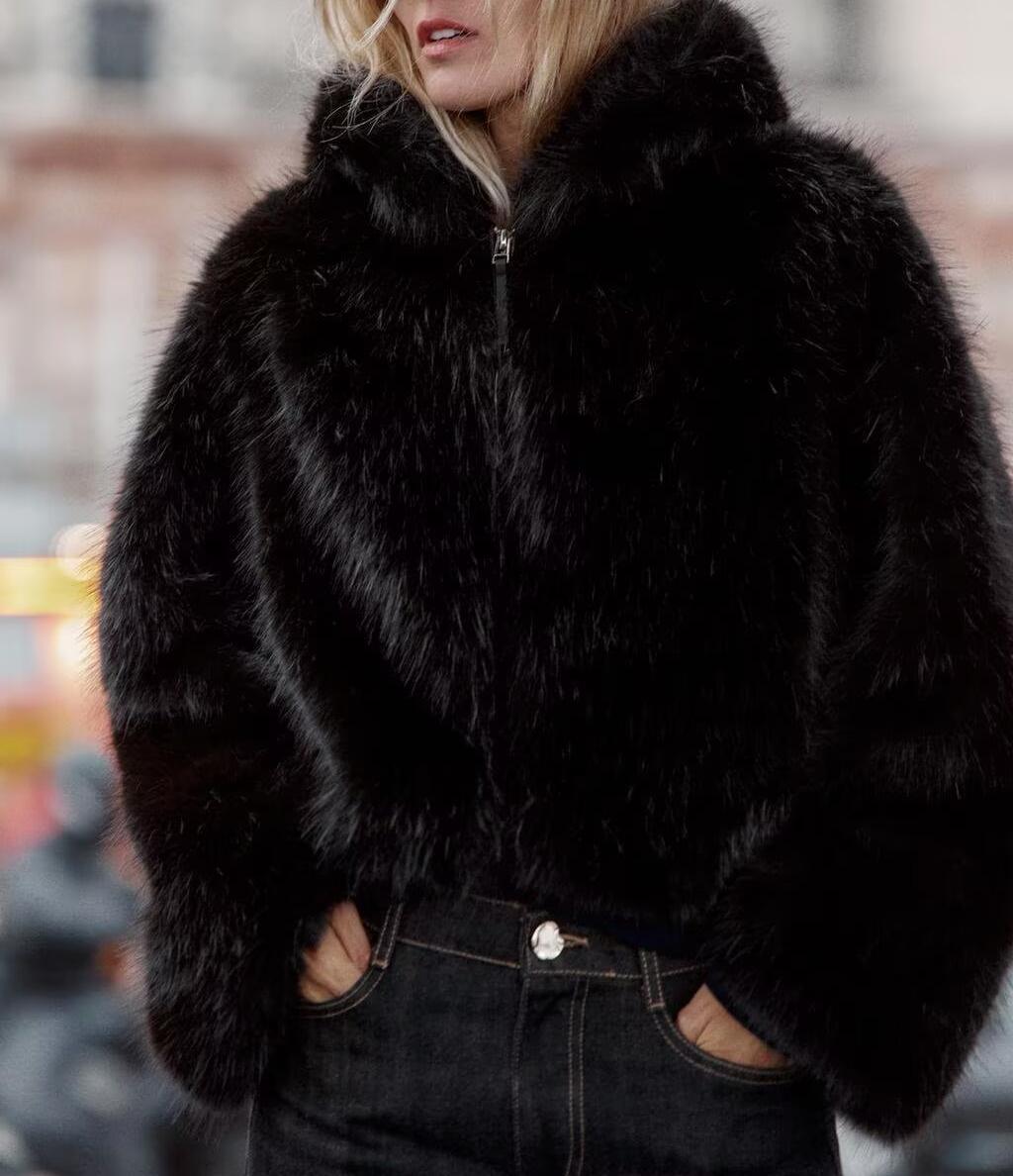 Women Clothing Autumn Pure Black Zipper Fly Hooded Furry Coat