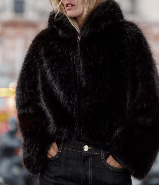 Women Clothing Autumn Pure Black Zipper Fly Hooded Furry Coat
