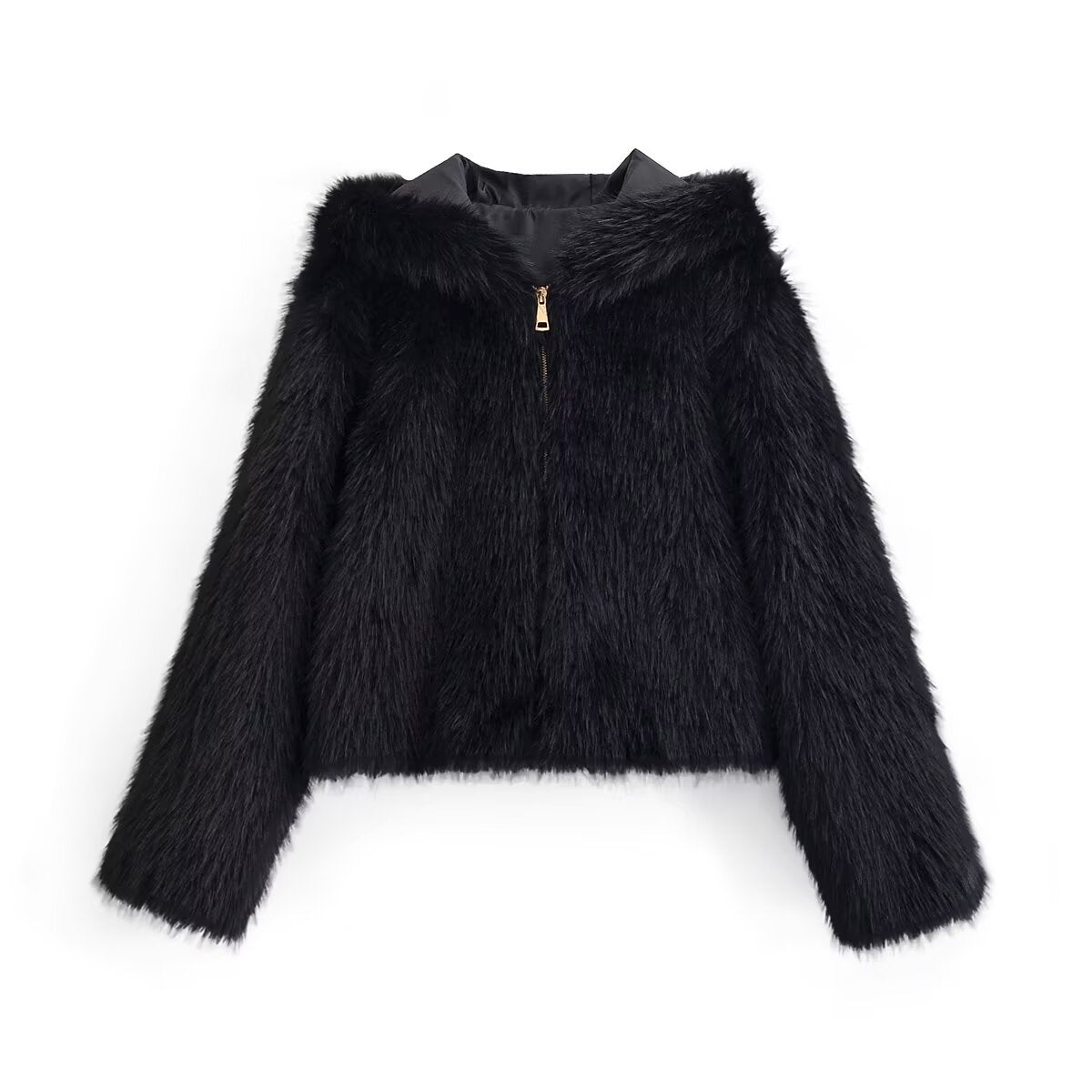 Women Clothing Autumn Pure Black Zipper Fly Hooded Furry Coat