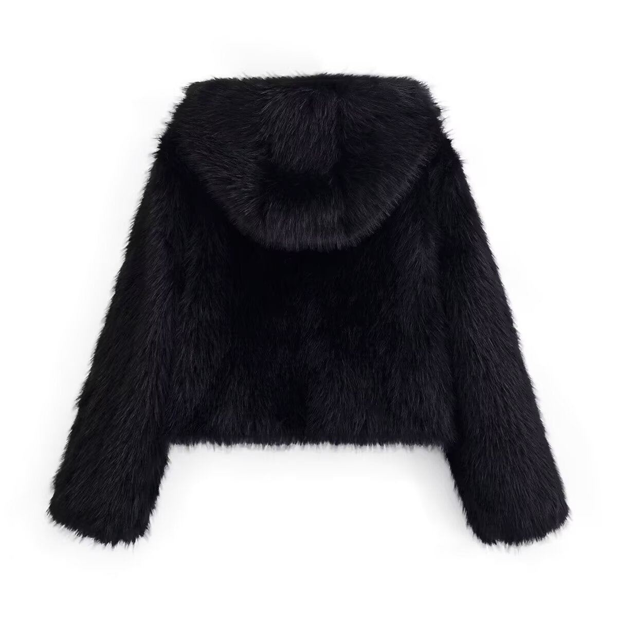 Women Clothing Autumn Pure Black Zipper Fly Hooded Furry Coat