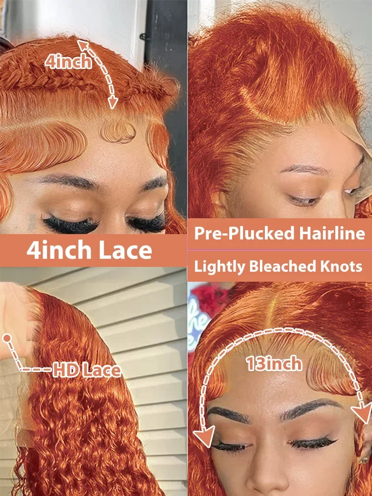 Mossily Orange Ginger Lace Front Wig Human Hair 40 Inch Curly Lace Front Human Hair Wig Deep Wave 13X4 13X6 Hd Lace Frontal Wigs