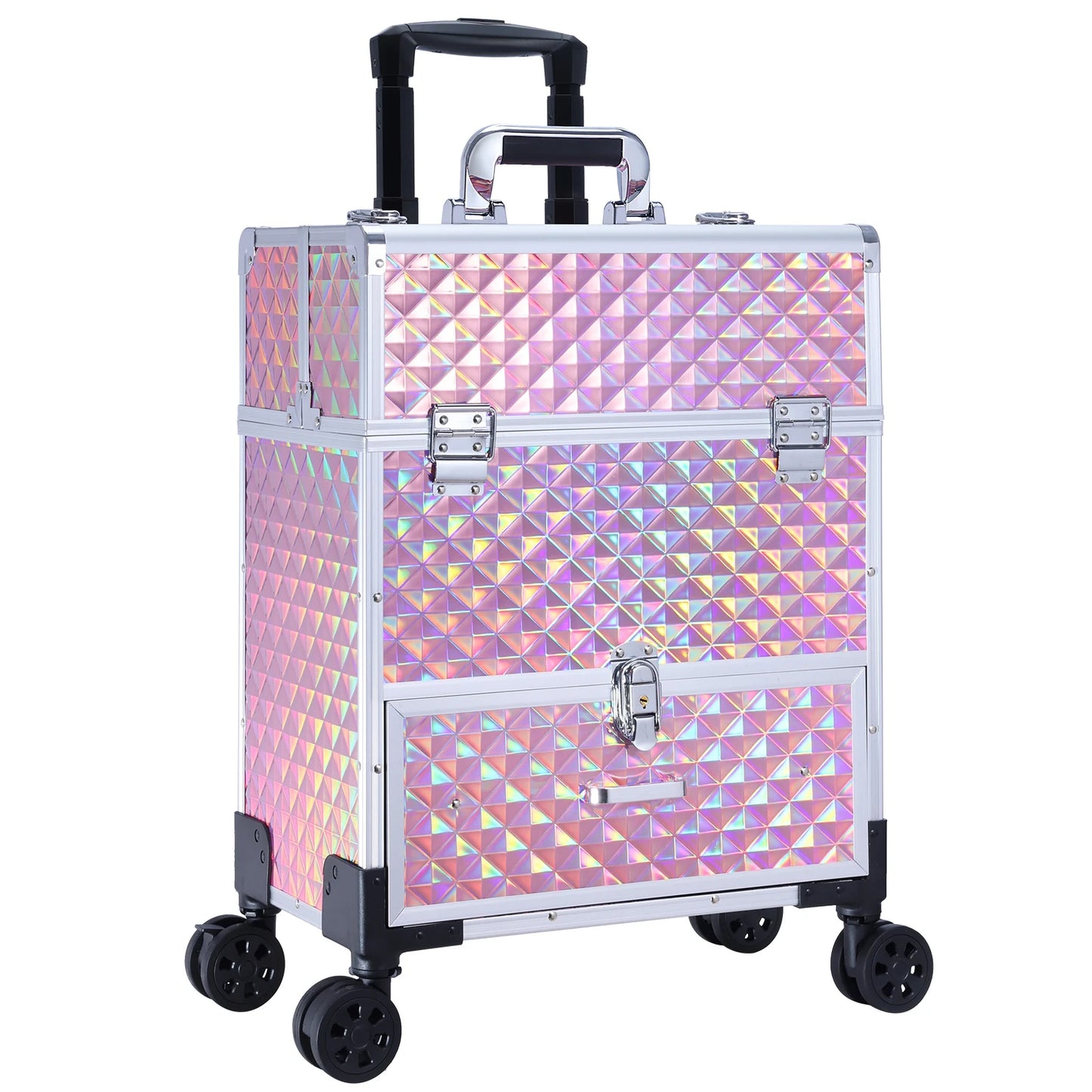 Brand New for Pink Rolling Makeup Trolley Large Capacity Portable Travel Cosmetic Case Open Closure for Beauty Case Organizer