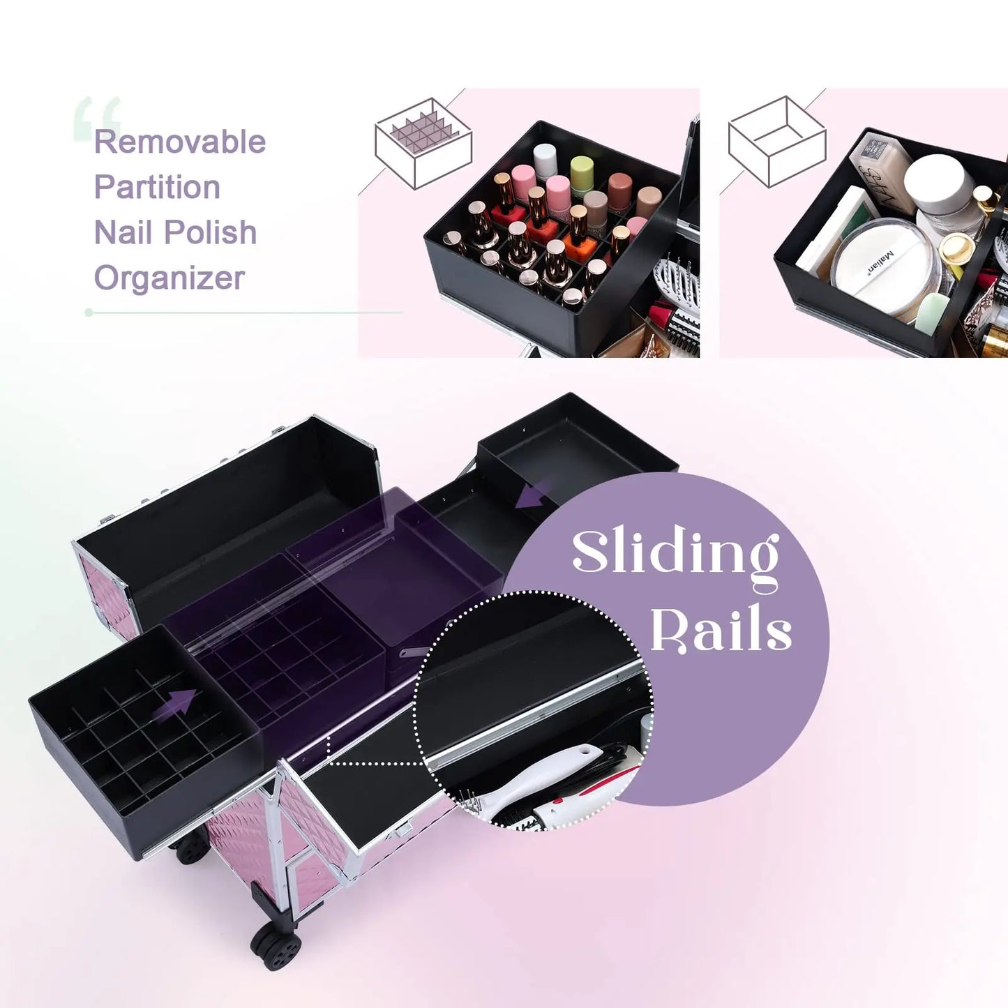 Brand New for Pink Rolling Makeup Trolley Large Capacity Portable Travel Cosmetic Case Open Closure for Beauty Case Organizer