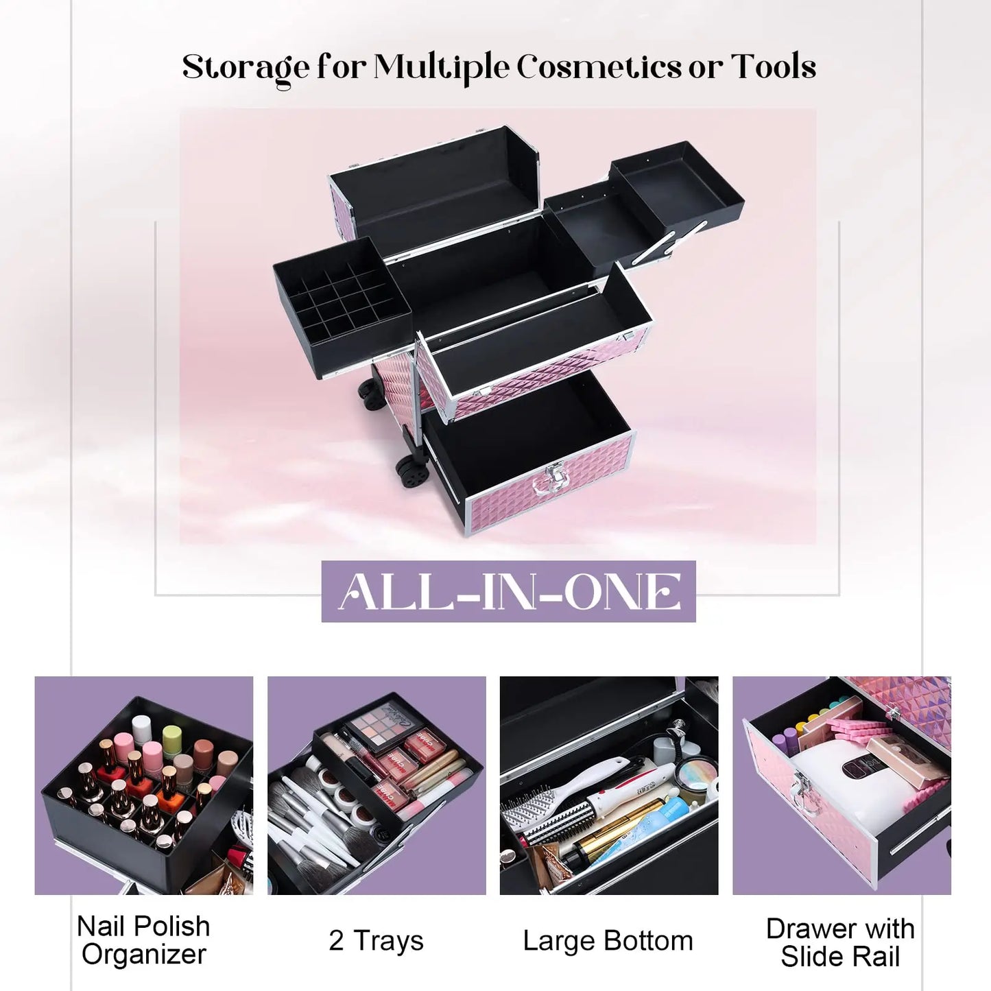 Brand New for Pink Rolling Makeup Trolley Large Capacity Portable Travel Cosmetic Case Open Closure for Beauty Case Organizer