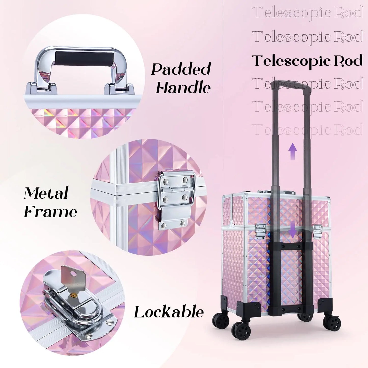 Brand New for Pink Rolling Makeup Trolley Large Capacity Portable Travel Cosmetic Case Open Closure for Beauty Case Organizer