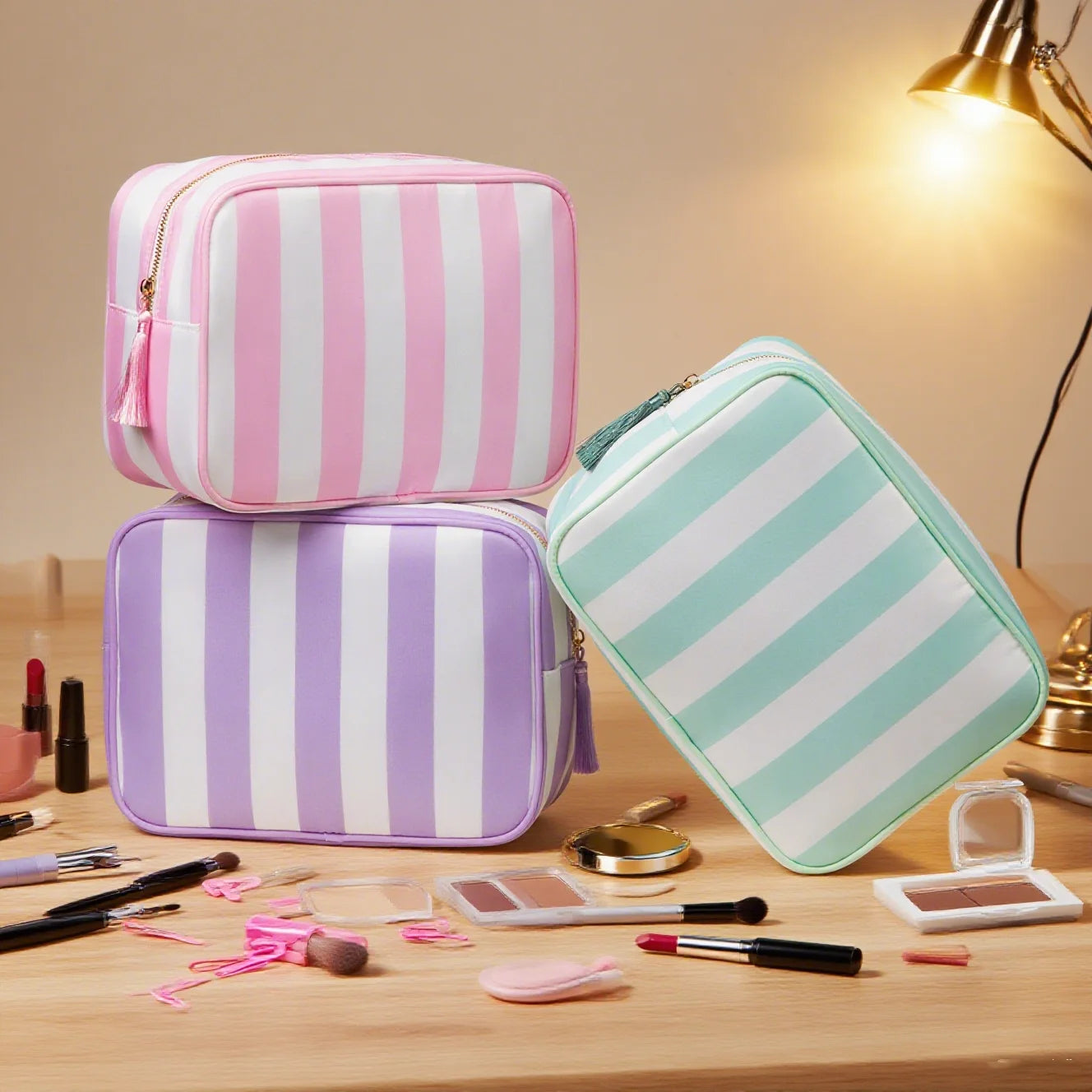 No MOQ US Warehouse Zipper Pouch Storage Anti-water Nylon Cosmetic Bags Cases Travel Toiletry Organizer Striped Makeup Bag Women