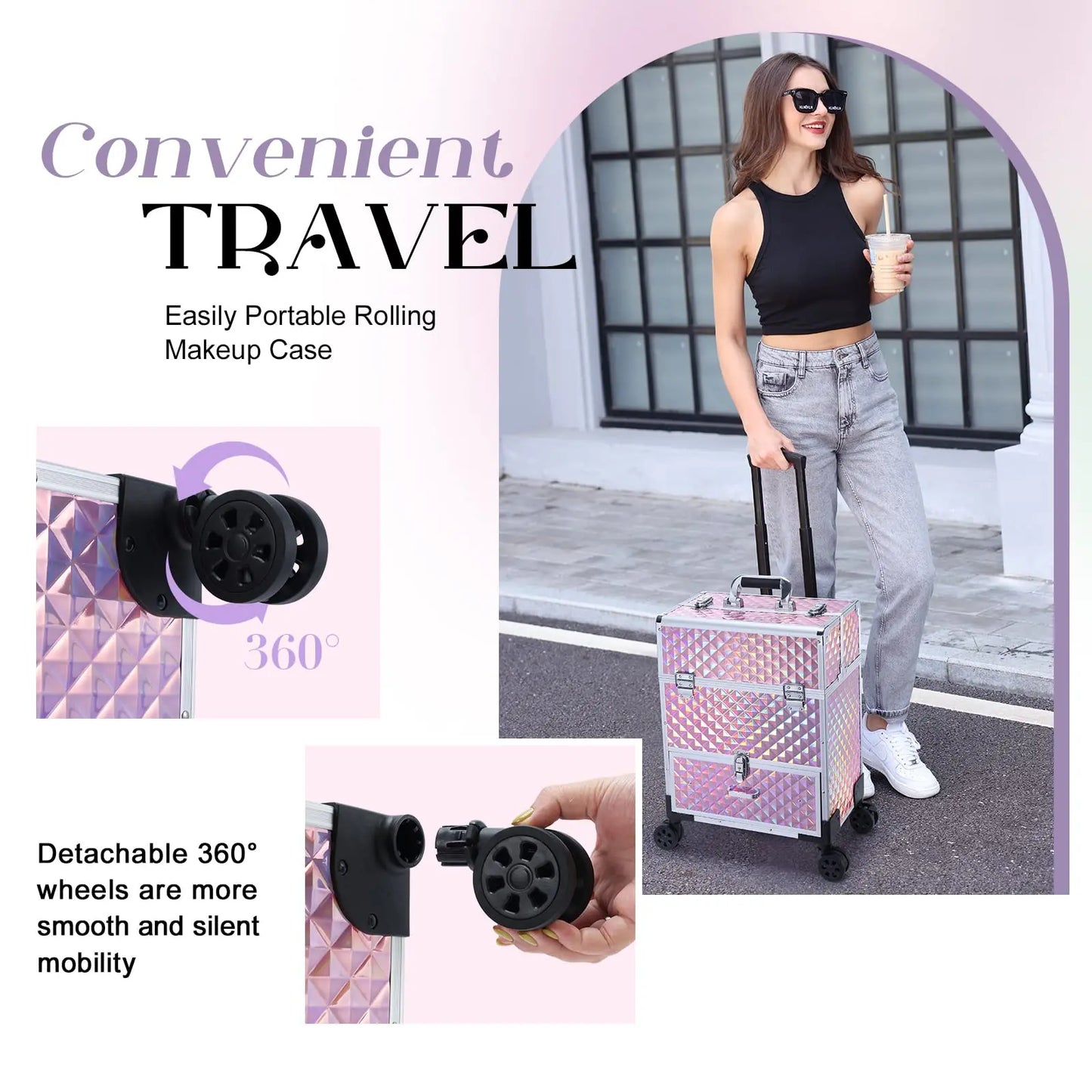 Brand New for Pink Rolling Makeup Trolley Large Capacity Portable Travel Cosmetic Case Open Closure for Beauty Case Organizer