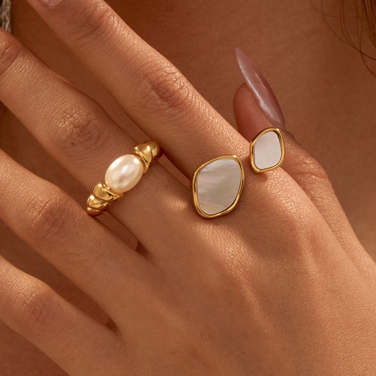 Irregular Asymmetric Design Geometric Abstract White Shell Stainless Steel Ring 18K Gold Twist Hand Jewelry