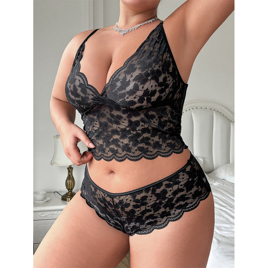 Plus Size Woman Sexy Underwear Lace See through Temptation Bra T Back Two Piece Set