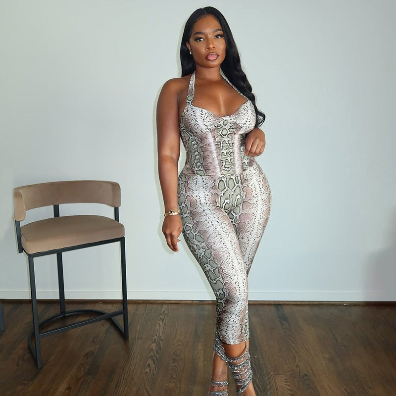 Women Clothing Autumn Winter Elegant Sexy Sleeveless Snake Print Sling Slim Fit Long Conjoined Trousers