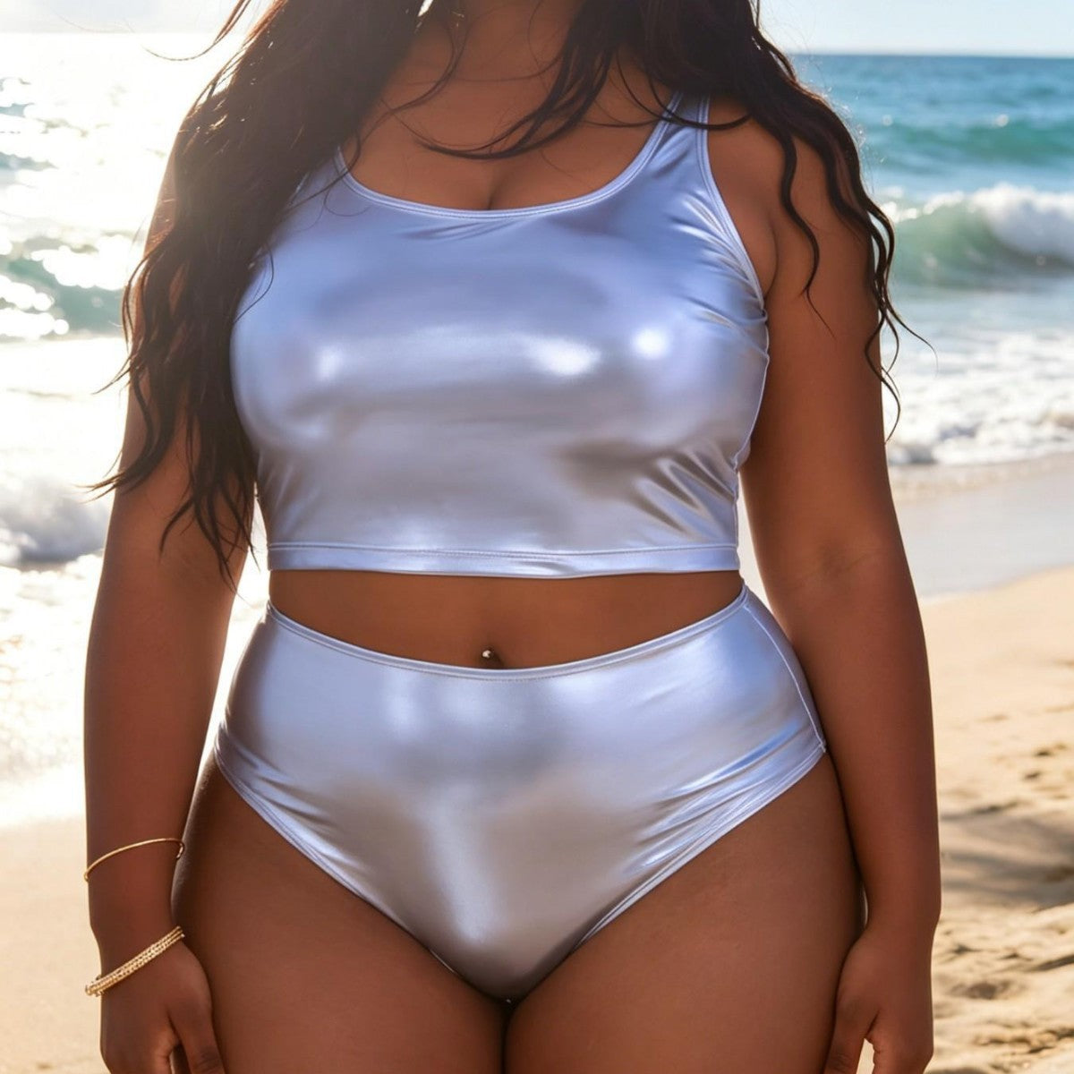 Plus Size Bronzing Vest Solid Color Back Split Bikini Set