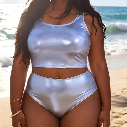 Plus Size Bronzing Vest Solid Color Back Split Bikini Set