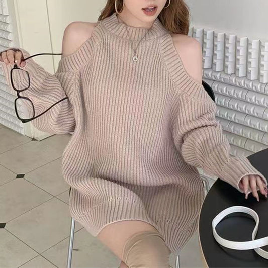 Idle High Grade Half Turtleneck Sweater Dress Women Autumn Winter Loose Mid Length off Shoulder Halter Knitwear Top