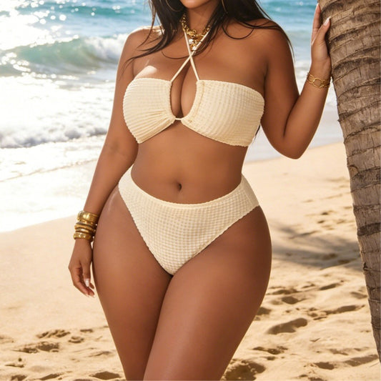 Plus Size Cross Halterneck Sexy Split Bikini Overskirt Three Piece Sets