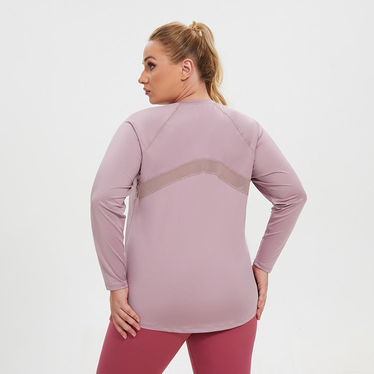 Plus Size Mesh Stitching Moisture Wicking T shirt Curved Hem Sports Fitness Top Yoga Clothes Long Sleeve Women
