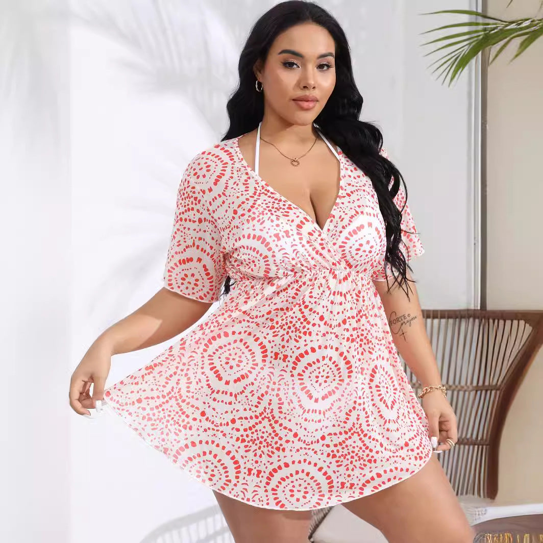 Plus Size Women Deep V Plunge-neck Supply Summer Beach Vacation Blouse Print Irregular Asymmetric Dress