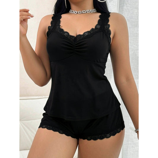 Plus Size Black Pajamas Two Piece Sets Lace Lace Spaghetti Strap Shorts Homewear