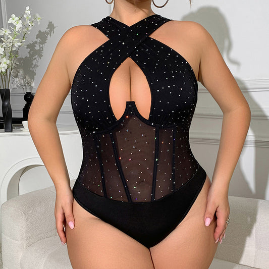 Plus Size Sexy Jumpsuit Open Crotch See through Underwear Free off Fishnet Clothes