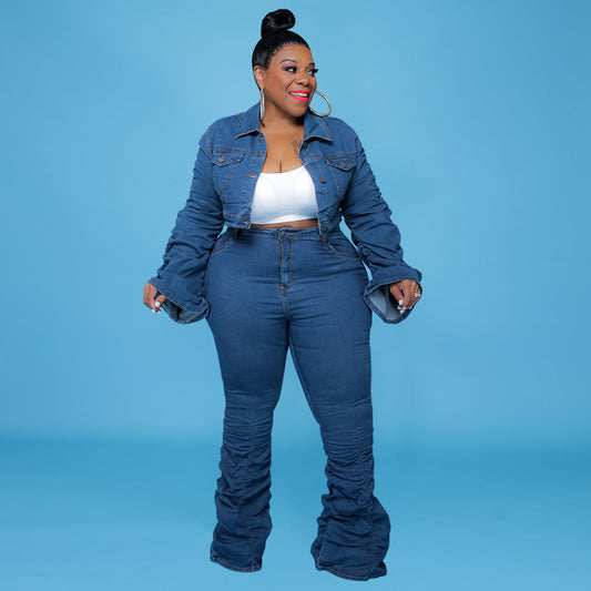Plus Size Women Clothing New Fall Winter Cowboy Long-Sleeved Coat with Feet Pleated Pile Pants
