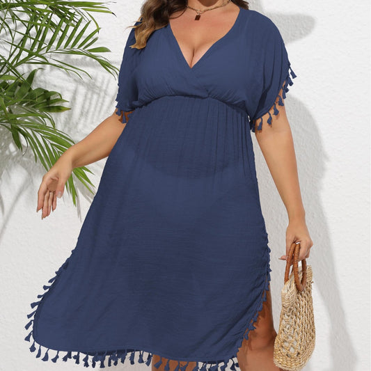 Plus Size Women Beach Beach Cover Up Tassel Stitching Deep V Plunge Waist Dress