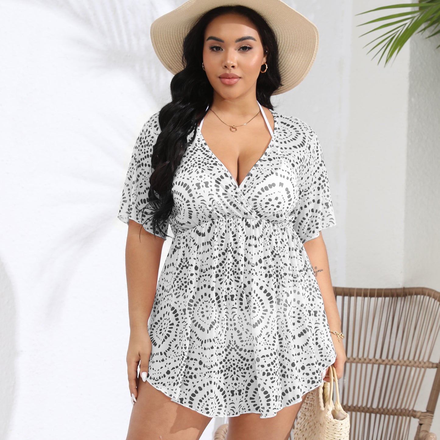 Plus Size Women Deep V Plunge-neck Supply Summer Beach Vacation Blouse Print Irregular Asymmetric Dress