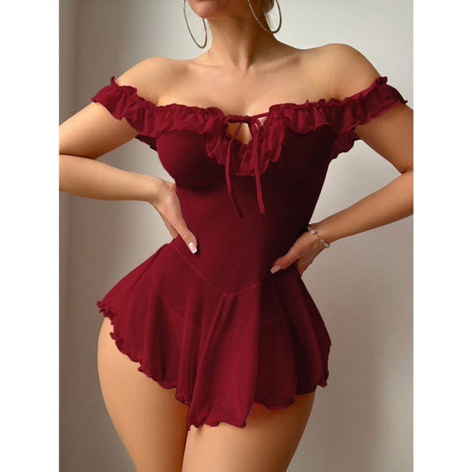 Plus Size Mesh Nightdress Underwear Homewear off Shoulder Ruffled Design Supply Straight
