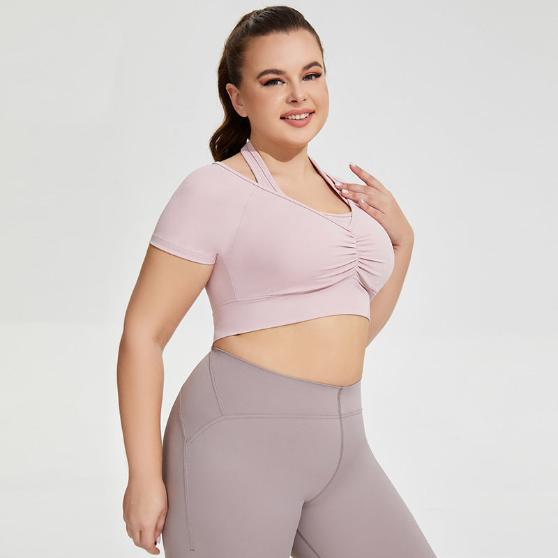 Plus Size Halter Yoga Clothes Chest Pad Women Sexy Running Exercise Underwear Short T Shirt Long Sleeve Workout Clothes Top