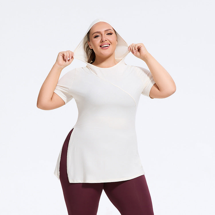 plus Size Hooded Slim Fit Hem Side Slit Sports Top Women Yoga Clothes Fitness Short Sleeve Running T shirt