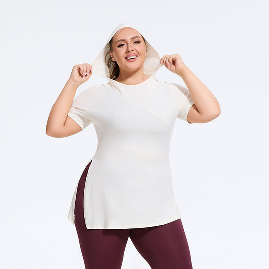plus Size Hooded Slim Fit Hem Side Slit Sports Top Women Yoga Clothes Fitness Short Sleeve Running T shirt