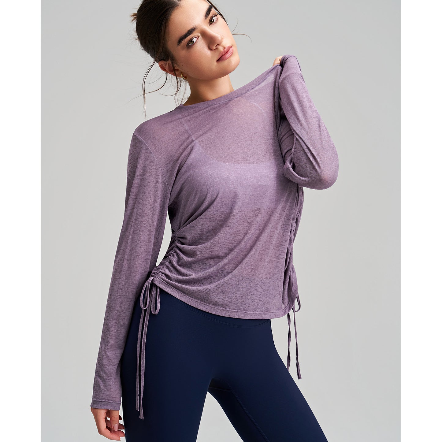 Outer Wear round Neck Yoga Blouse Long Sleeve Thigh Length Side Drawstring T shirt Loose Breathable Fitness Running Yoga Clothes