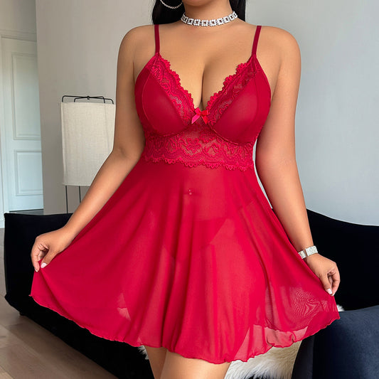 Plus Size Woman Sexy Lingerie Lace See through Pajamas Suspender T Back Set