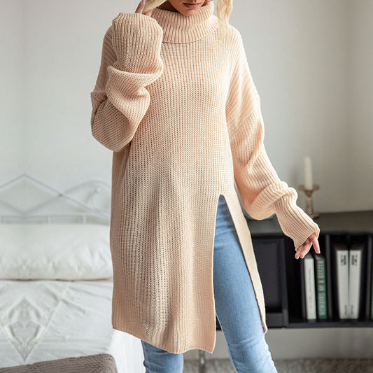 Arrival Autumn Winter Women Wear Solid Color Split Long Sleeve High Collar Sweater Dress