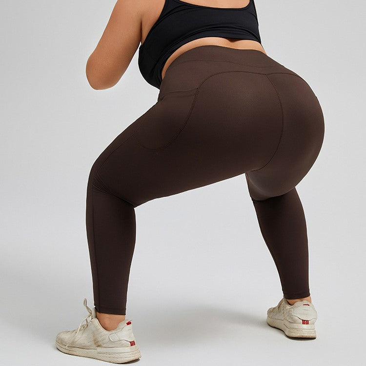 Plus Size Nude Feel High Waist Workout Trousers Women High Elastic Tight Running Hip Raise Sports Pocket Yoga Pants