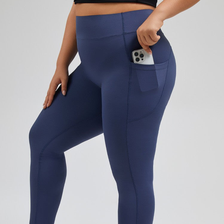 Plus Size Nude Feel High Waist Workout Trousers Women High Elastic Tight Running Hip Raise Sports Pocket Yoga Pants